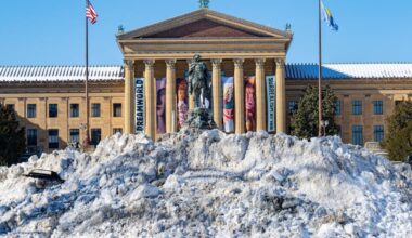 A mountain of snow and ice is piled  on Eakins Oval in front of the (newly renamed) Philadelphia Museum of Art this week. It's going to take a while for all this to disappear.