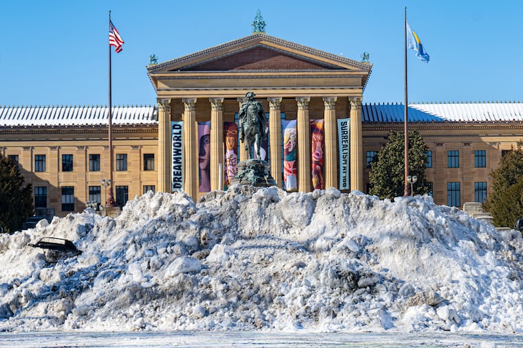A mountain of snow and ice is piled  on Eakins Oval in front of the (newly renamed) Philadelphia Museum of Art this week. It's going to take a while for all this to disappear.