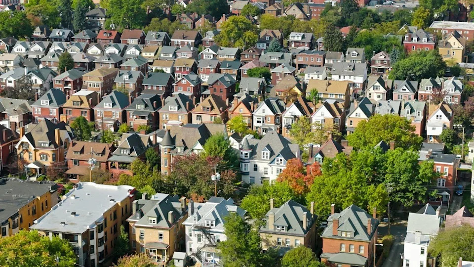 Aerial shot of large Victorian houses in Friendship, a neighborhood in the East End of Pittsburgh, Pennsylvania,