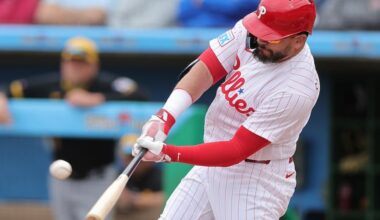 Phillies designated hitter Kyle Schwarber hits a solo home run in the first inning against the Pittsburgh Pirates on Sunday.