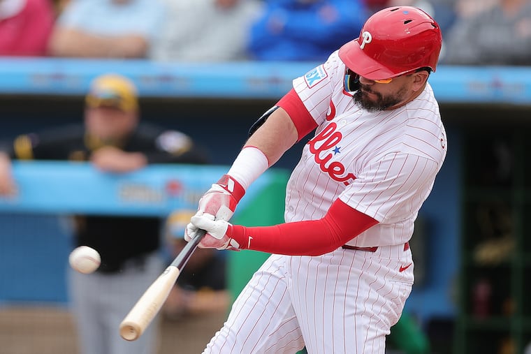 Phillies designated hitter Kyle Schwarber hits a solo home run in the first inning against the Pittsburgh Pirates on Sunday.