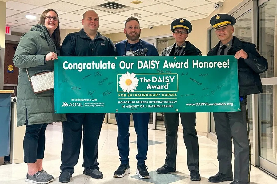 Nurse Jeffrey Kauffman awarded the Daisy Award for helping save State Trooper Lucas Ambrose’s life after a shooting in October. Photo from PSP.
