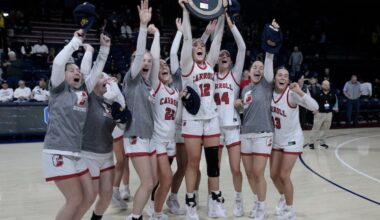 Archbishop Carroll celebrates winning the 2026 Philadelphia Catholic League Girls Championship Game between Archbishop Carroll and Cardinal O’Hara H.S. at the Palestra in Philadelphia on Sunday, Feb. 22, 2026.
