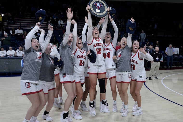 Archbishop Carroll celebrates winning the 2026 Philadelphia Catholic League Girls Championship Game between Archbishop Carroll and Cardinal O’Hara H.S. at the Palestra in Philadelphia on Sunday, Feb. 22, 2026.