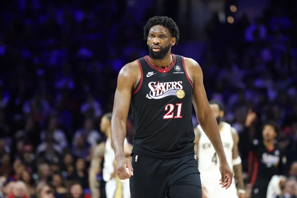 Jan 31, 2026; Philadelphia, Pennsylvania, USA; Philadelphia 76ers center Joel Embiid (21) looks on against the New Orleans Pelicans during the second quarter at Xfinity Mobile Arena. Mandatory Credit: Bill Streicher-Imagn Images