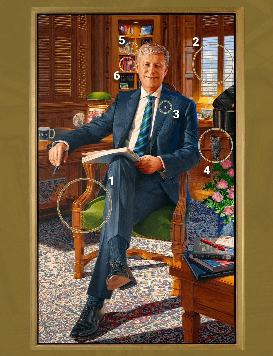 Earlier this week, this newsletter covered the fact that former prime minister Stephen Harper’s portrait was unveiled in the House of Commons. Unmentioned was that the painting was designed to be a Where’s Waldo-style tableau of hidden messages. An official breakdown above, compiled by the Parliament of Canada, notes that the Calgary skyline is outside the window, a French dictionary is on the bookshelf to symbolize Harper’s success at learning the language in adulthood, and his still-alive cat Stanley is in the background. The books in the foreground are all things that Harper has written, including his master’s thesis. And he’s holding the 2015 budget, Canada’s last to be balanced.
