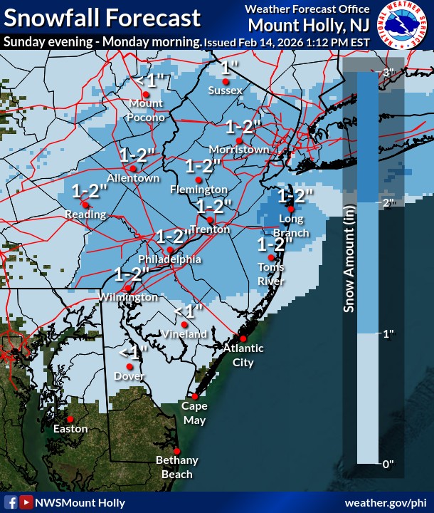 The latest snowfall total projections from the National Weather Service's forecast office in Mount Holly, New Jersey. (NWS)