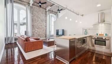 The kitchen and living space in the Center City condo.