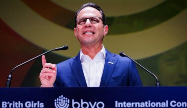 Pennsylvania Gov. Josh Shapiro delivers opening plenary remarks at the BBYO International Convention in Philadelphia, Pennsylvania, February 12, 2026.