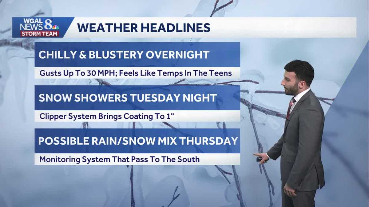 Breezy overnight; winds lighten, remaining brisk & cold Tuesday in south-central Pennsylvania