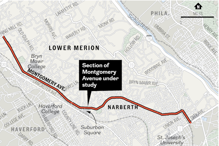 Lower Merion and Narberth are studying a seven-mile stretch of Montgomery Avenue for safety.