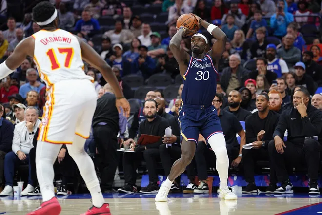Nov 30, 2025; Philadelphia, Pennsylvania, USA; Philadelphia 76ers center Adem Bona (30) shoots the ball against the Atlanta Hawks in the third quarter at Xfinity Mobile Arena. Mandatory Credit: Kyle Ross-Imagn Images