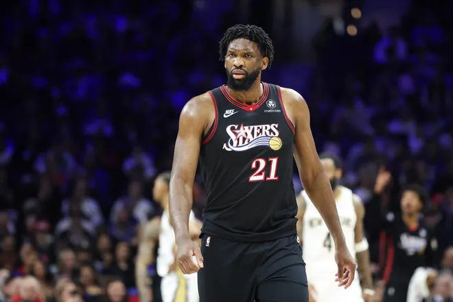 Jan 31, 2026; Philadelphia, Pennsylvania, USA; Philadelphia 76ers center Joel Embiid (21) looks on against the New Orleans Pelicans during the second quarter at Xfinity Mobile Arena. Mandatory Credit: Bill Streicher-Imagn Images