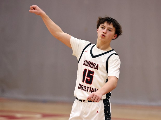 Aurora Christian's Luke Baumann (15) reacts to a fourth quarter score against Prophetstown during a Class 2A Aurora Christian Regional semifinal game in Aurora on Wednesday, Feb. 25, 2026.H. Rick Bamman / For the Beacon-News