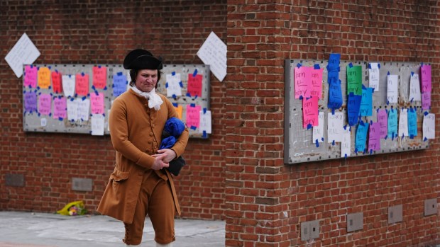 Tour guide Stephen Pierce on Jan. 23 at the locations of the now-removed explanatory panels that were part of an exhibit on slavery at President's House Site. (AP Photo/Matt Rourke)