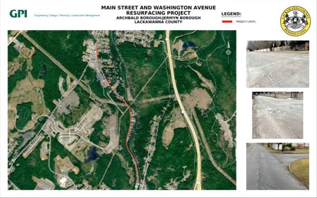 This map, shared at a recent Lackawanna County commissioners meeting, shows the area targeted for a pending paving project in Archbald and Jermyn. (SCREENSHOT VIA ECTV)