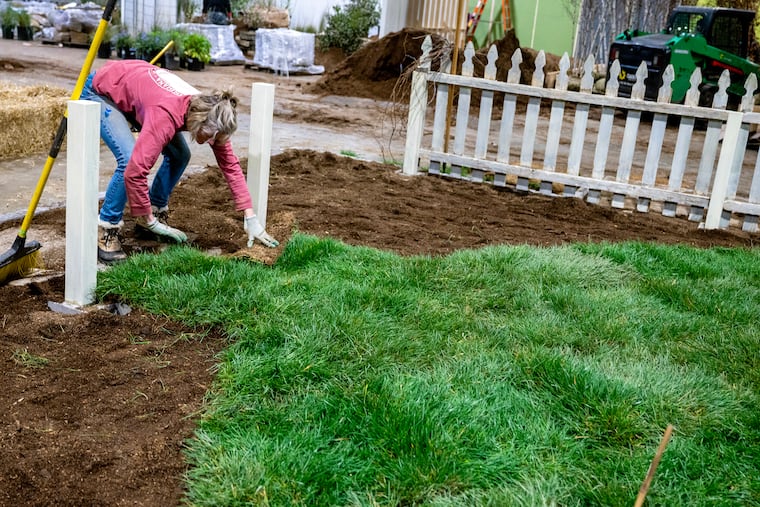 Natalie Ross with Kelly D.  Norris, of Des Moines, Iowa places sod behind a white picket fence at the Convention Center Tuesday, Feb. 24, 2026, setting up for the PHS Philadelphia Flower Show. The display is part of the  “American Landscape Showcase” and is titled, “American Anemoia.”