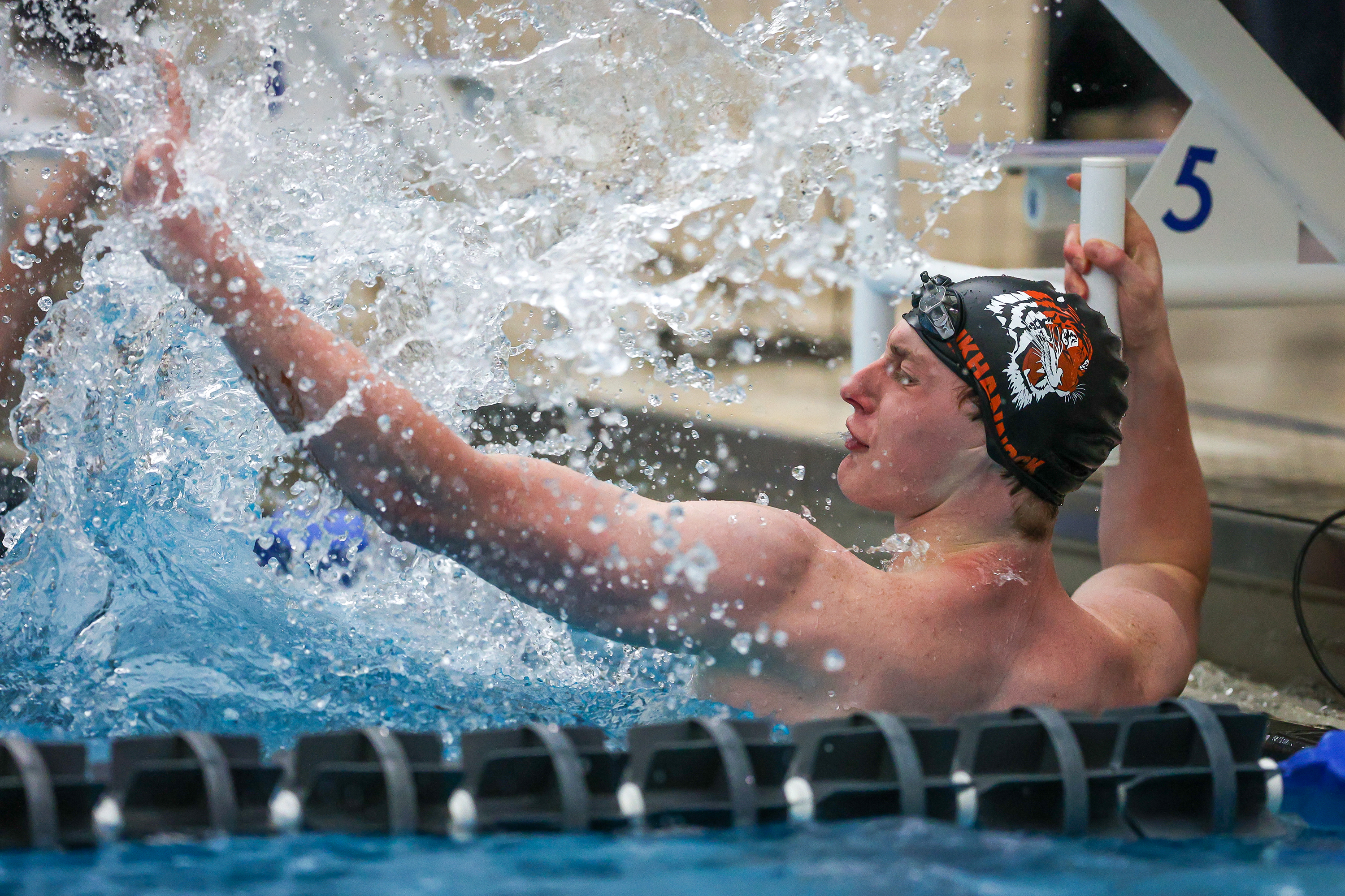 Tunkhannock Area’s Jaden Baltrusaitis celebrates after winning the 50 freestyle...