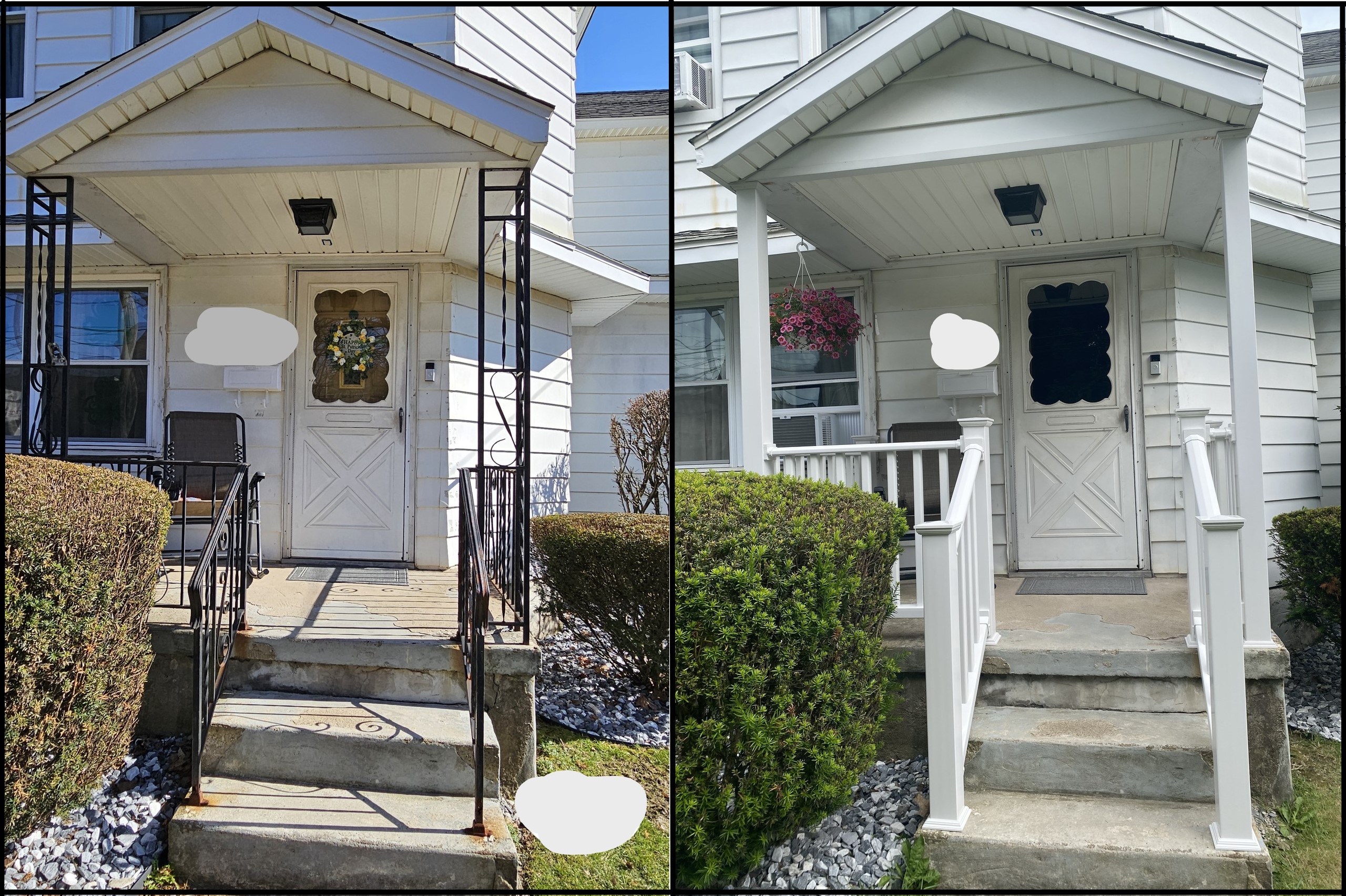 Before-and-after photos show front porch posts and railings replaced at...