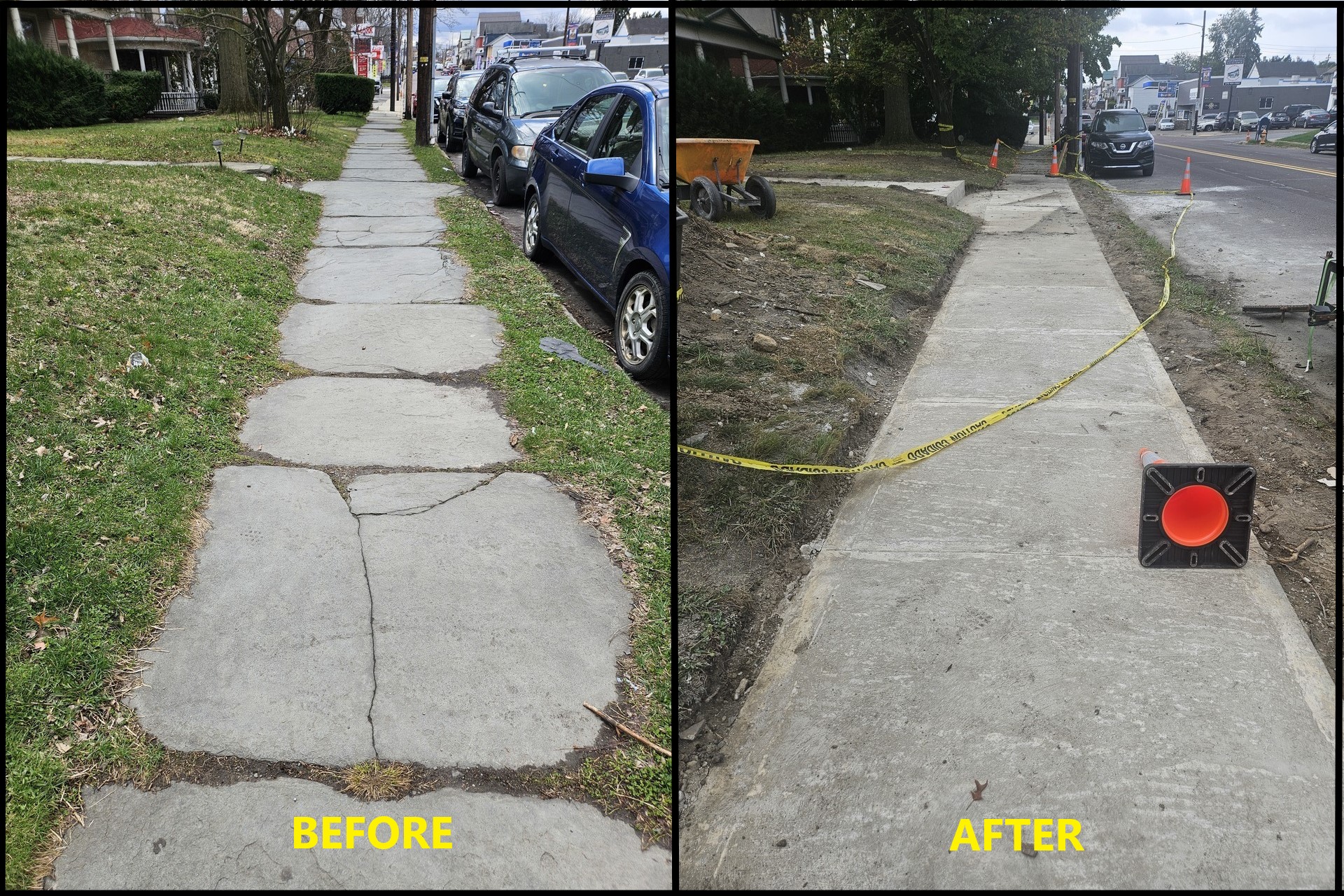Before-and-after photos of a sidewalk replaced using grant funds through the Beautiful Blocks program. Grant applications are now available for residents in Pittston, Scranton and Carbondale. (Courtesy of NeighborWorks Northeastern Pennsylvania)