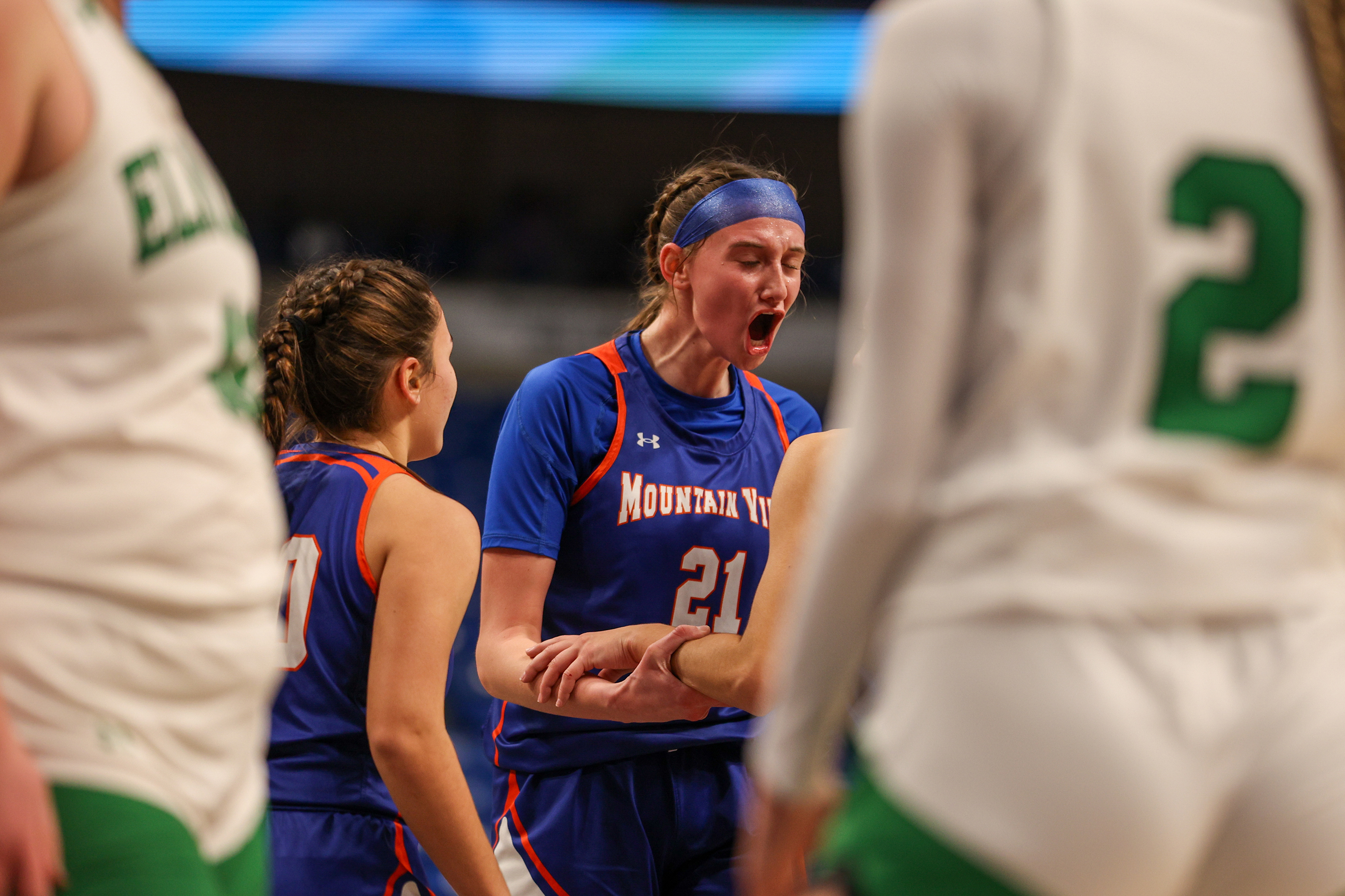 Mountain View’s Addison Kilmer celebrates after getting a foul call...