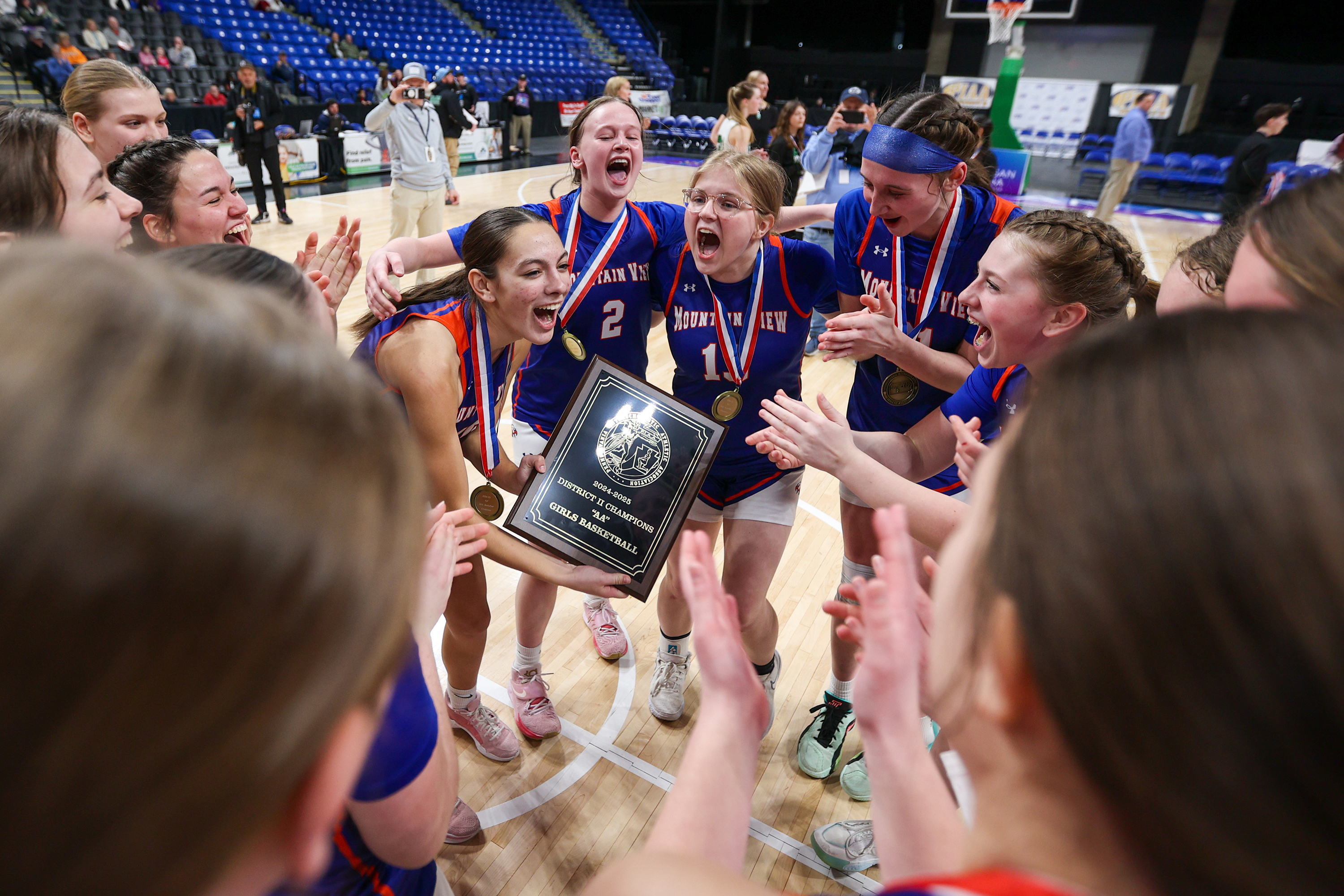 Mountain View celebrates after winning the District 2 Class 2A...
