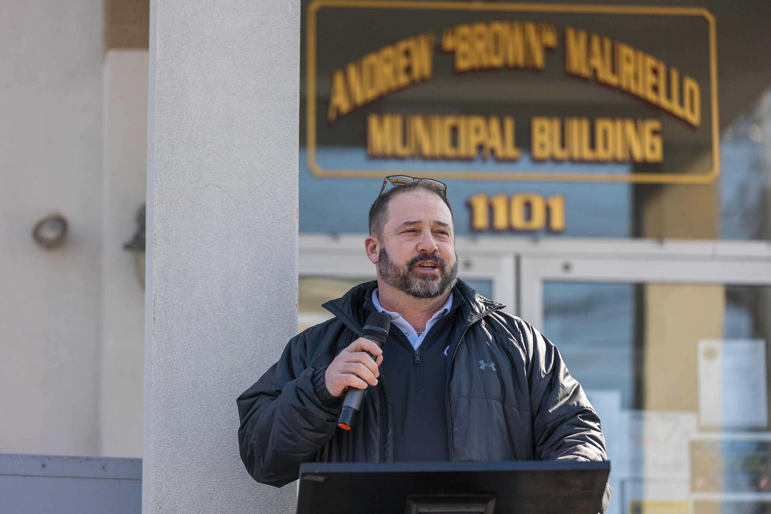 Exeter Borough Council Chairman Joe Pizano speaks during the groundbreaking...
