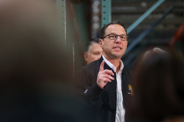Gov. Josh Shapiro speaks during a visit by his administration to the Weinberg Northeast Regional Food Bank in Pittston Twp. on Thursday, Nov. 6, 2025. (JASON ARDAN / STAFF PHOTOGRAPHER)