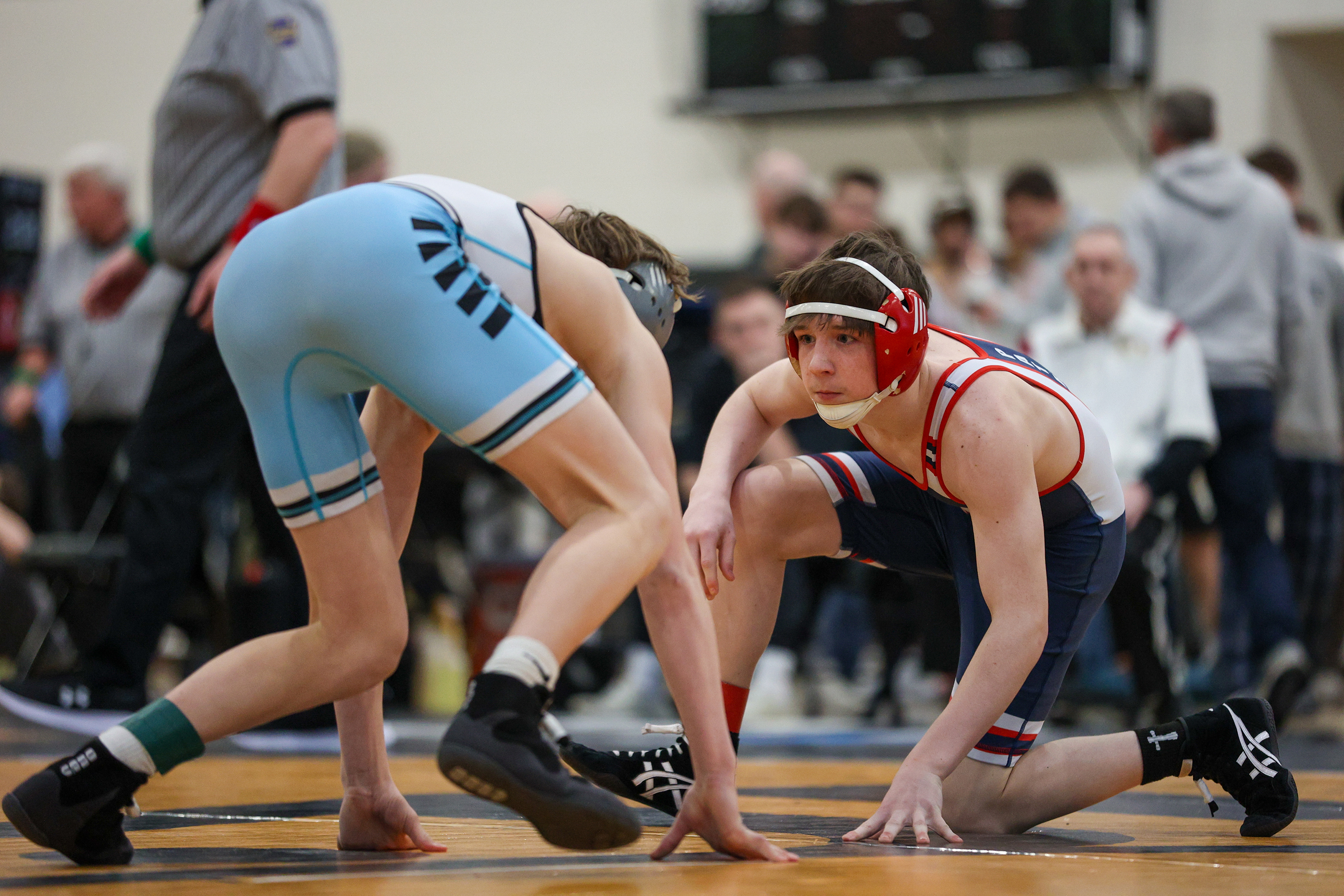 Pittston Area’s David Krantz, right, wrestles Wilkes-Barre Area’s James McKeown...
