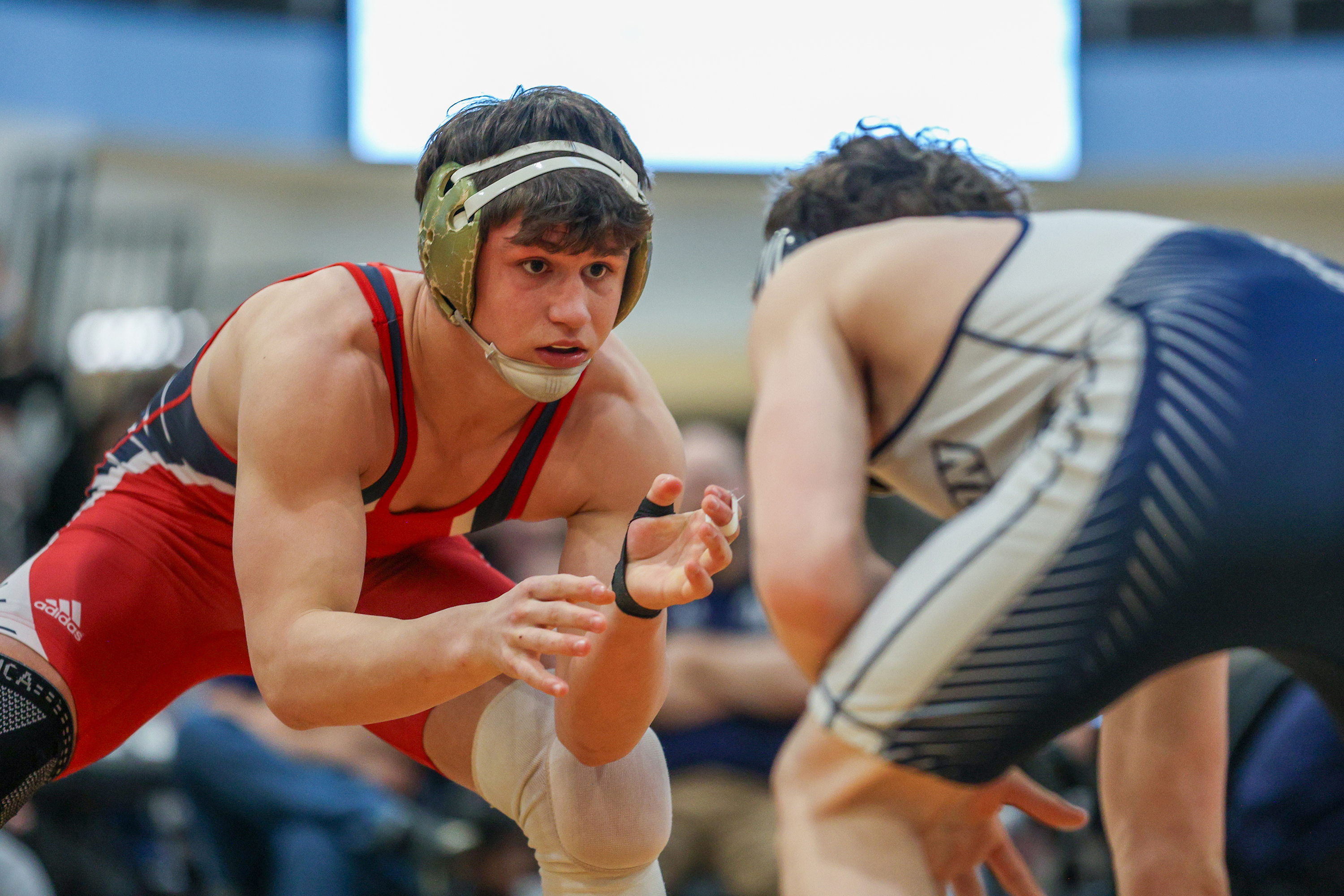 Pittston Area’s Ethan Aftewicz, left, wrestles Abington Heights’ Lucas Drake...