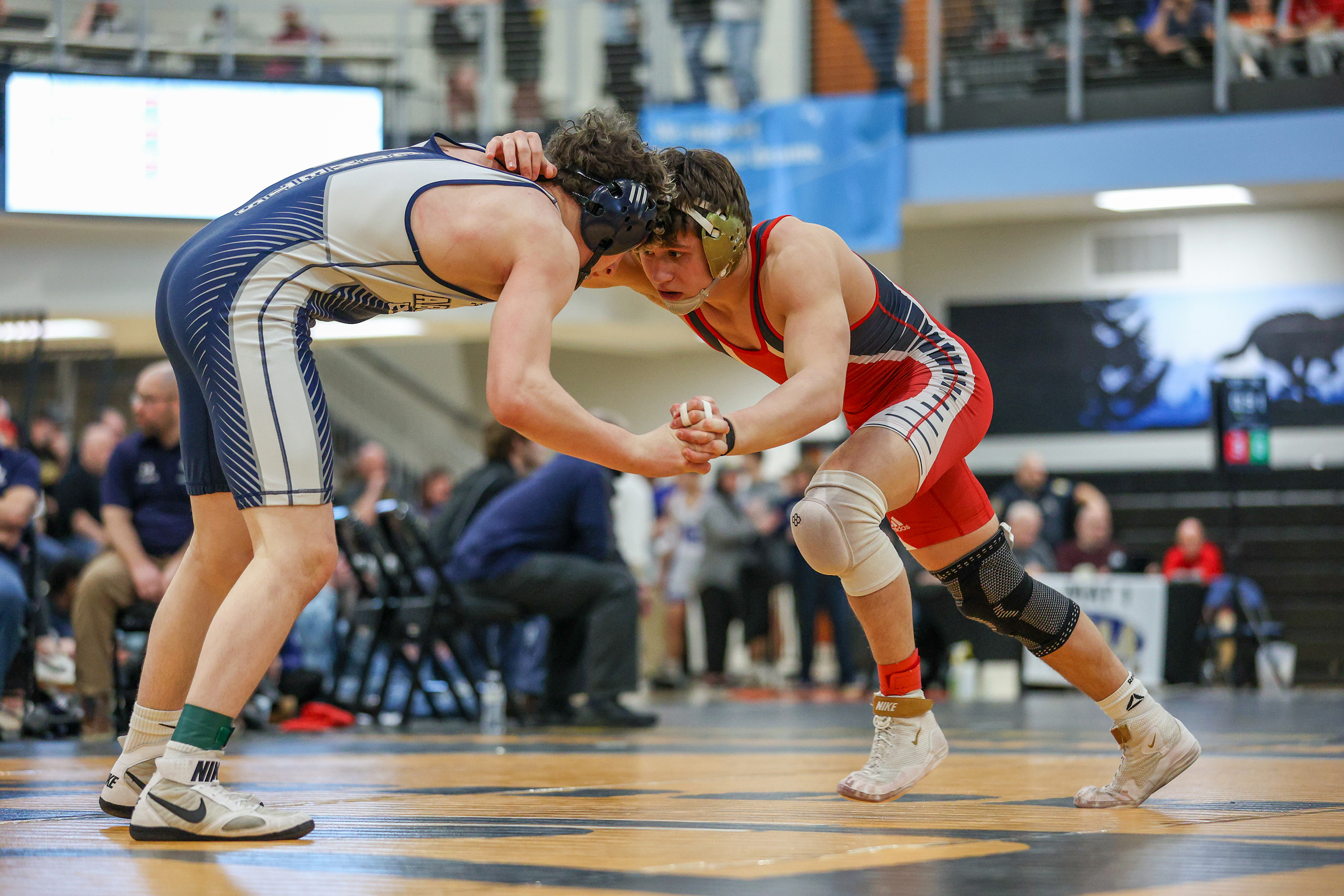Pittston Area’s Ethan Aftewicz, right, wrestles Abington Heights’ Lucas Drake...