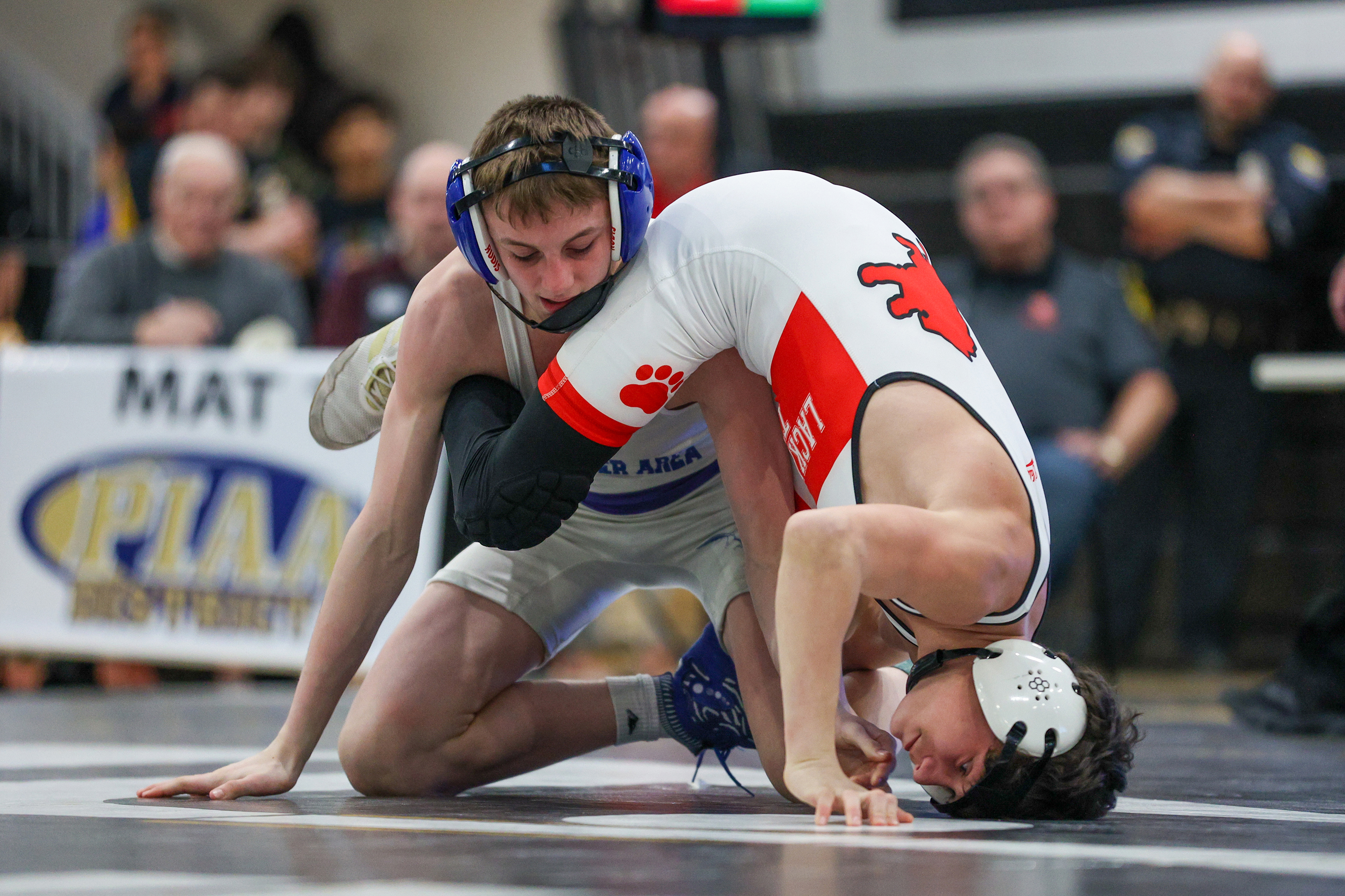 Hanover’s Chase Smith wrestles Lackawanna Tail’s Matt Shafer during the...