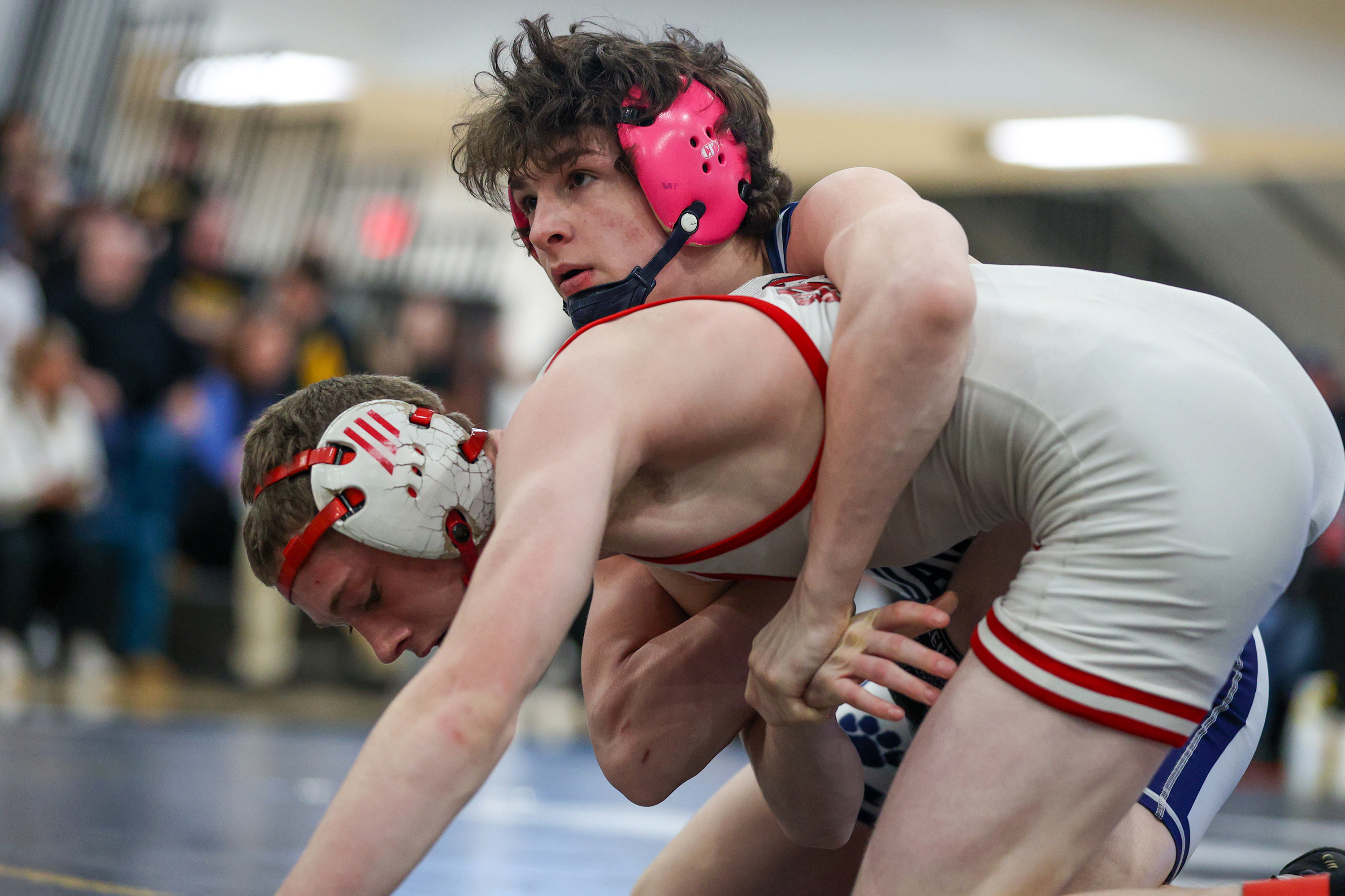 Berwick’s Carmen Malt wrestles Honesdale’s Brody Walsh during the PIAA...