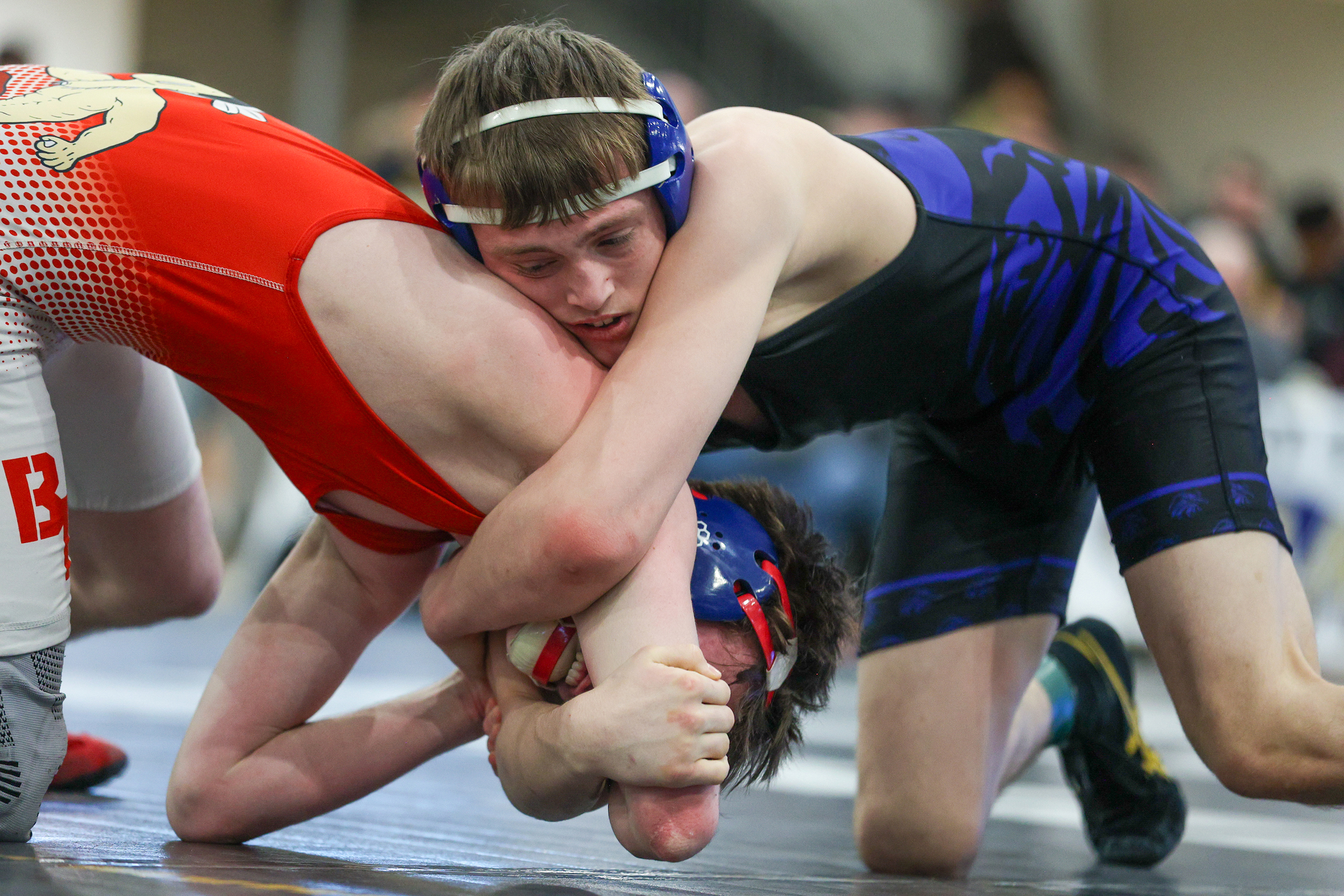 Hanover Area’s CJ Caines wrestles Blue Ridge’s Brice Woodruff during...