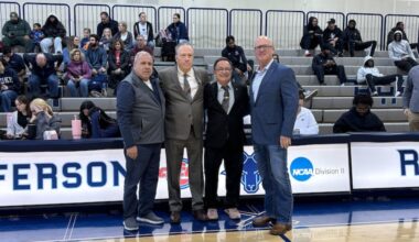 Thomas Jefferson University women's basketball coach Tom Shirley (second from left) celebrates his induction into the Pennsylvania Sports Hall of Fame with Jefferson AD Corey Goff and Hall officials Rich Scaglione and James Parrella.