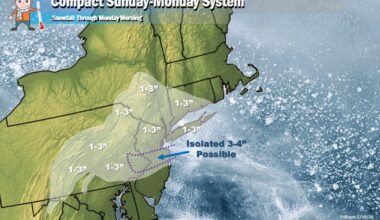 A widespread 1-3" of light snow is likely Sunday into into Monday morning; some isolated heavier snow amounts are possible in portions of east-central Pennsylvania and central New Jersey near I-195.  Image: Weatherboy
