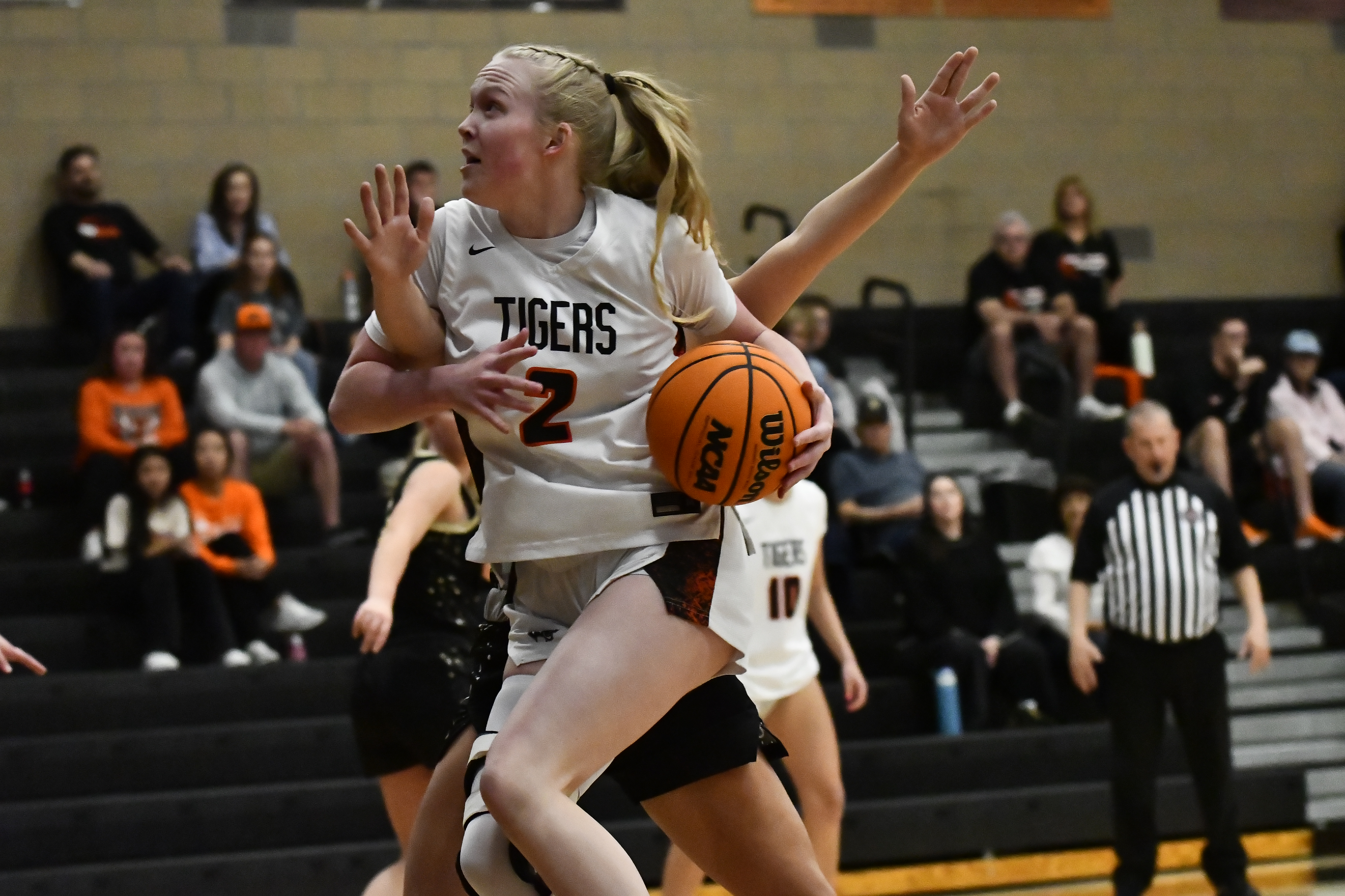 Erie’s Reagyn Allen gets tangled up with Rock Canyon’s Emerson...