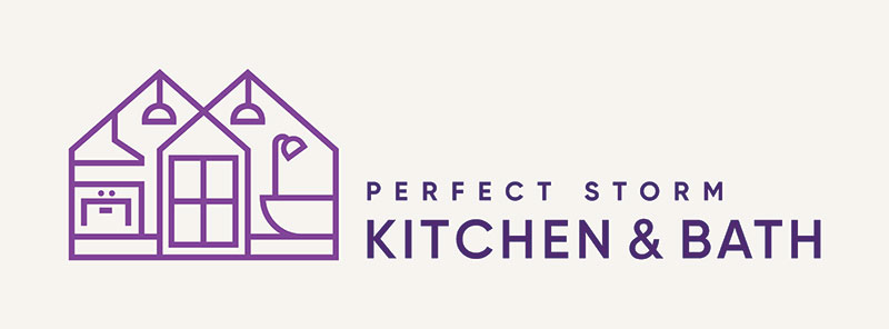 A graphic reads: Perfect Storm Kitchen & Bath n ext to a design of a house with a kitchen and bathroom from Perfect Storm Kitchen 7 Bath ion Pittston Twp., PA.