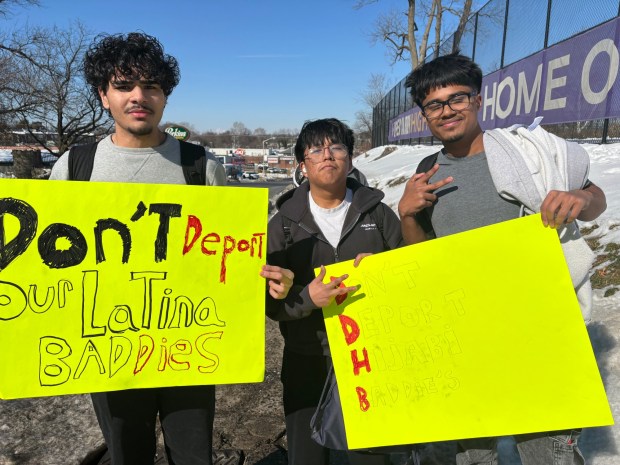 Upper Darby High students, from left, Grushan Singh, Brian Panora and Farhan Rifat during the walkout. (KATHLEEN E. CAREY - DAILY TIMES)