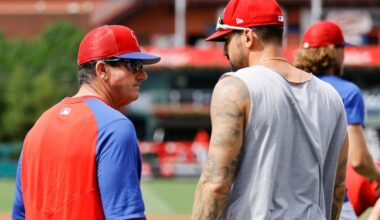 Phillies manager Rob Thomson (left) said Friday of former Phillie Nick Castellanos, "I wish him all the best."
