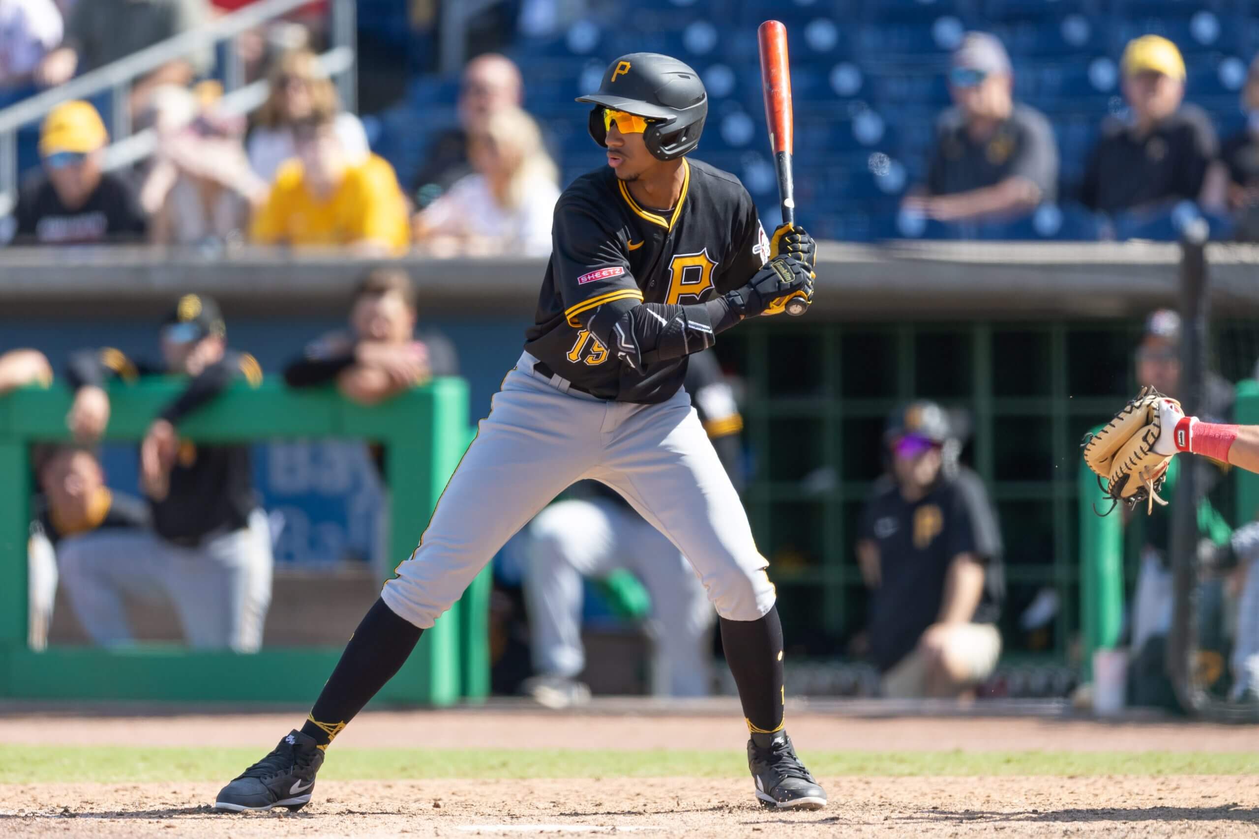 Edward Florentino #19 of the Pittsburgh Pirates bats during the game between the Pittsburgh Pirates and the Philadelphia Phillies at BayCare Ballpark.