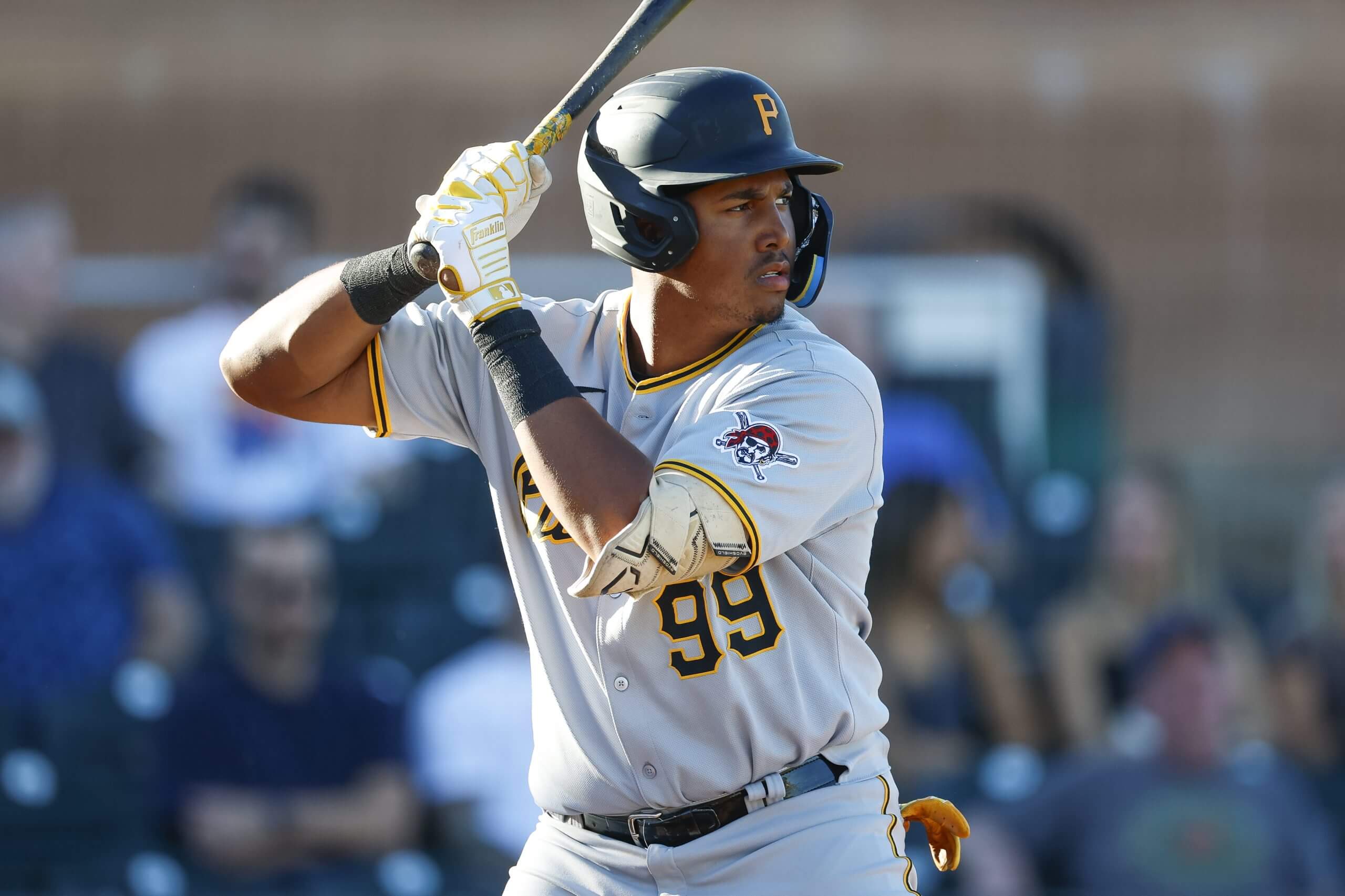 Tony Blanco Jr. #99 of the Salt River Rafters at bat during an Arizona Fall League game against the Scottsdale Scorpions at Scottsdale Stadium.