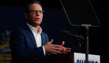 Pennsylvania Gov. Josh Shapiro speaks to supporters at a rally announcing his reelection bid on Jan. 8 in Philadelphia. Credit: Matthew Hatcher/Getty Images