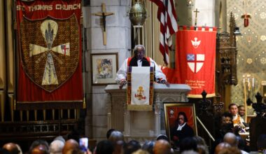 Rt. Rev. Michael B. Curry welcomes the congregation at the African Episcopal Church of St. Thomas  in honor of the legacy of its founder, Rev. Absalom Jones on Sunday, Feb. 15, 2026.  Curry provided the sermon during a program in the celebration of the life and ministry of Jones.