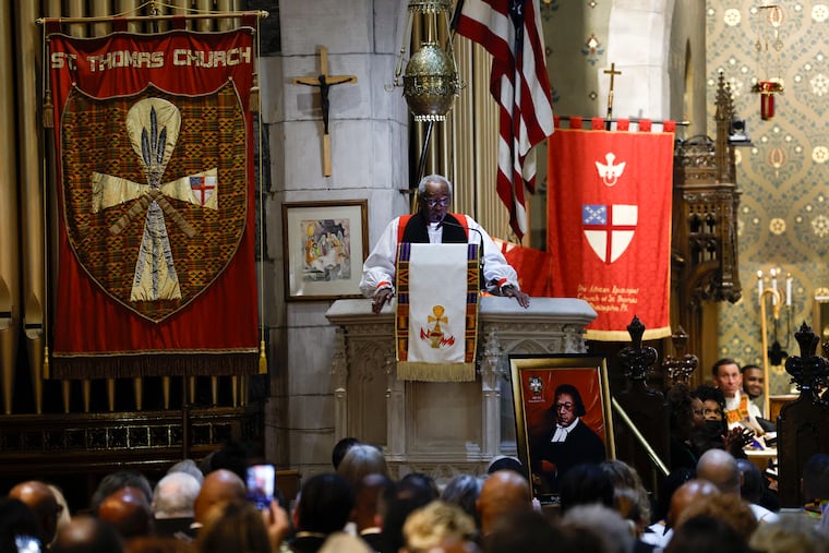 Rt. Rev. Michael B. Curry welcomes the congregation at the African Episcopal Church of St. Thomas  in honor of the legacy of its founder, Rev. Absalom Jones on Sunday, Feb. 15, 2026.  Curry provided the sermon during a program in the celebration of the life and ministry of Jones.