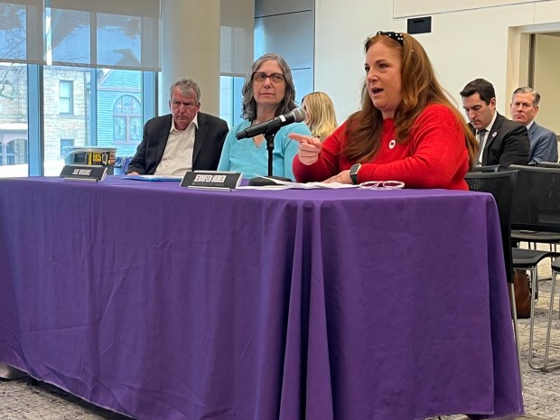 Jen Huber, a registered nurse at Geisinger Community Medical Center and president of the Northeast Pennsylvania Nurses Association there, addresses lawmakers Wednesday at a state House Democratic Policy Committee hearing on health care held at the University of Scranton. (JEFF HORVATH/STAFF PHOTO)