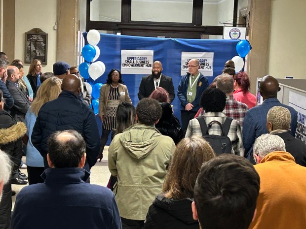 Upper Darby Mayor Ed Brown, center, casts a vision for the Small Business Hub. (PETE BANNAN-DAILY TIMES)