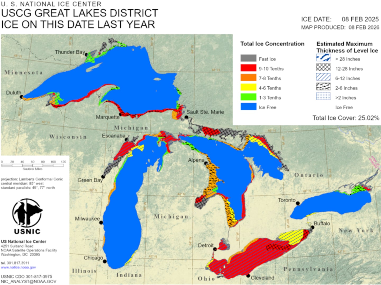A look at the ice thickness of the Great Lakes this same time last year.