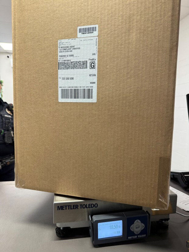 The Erie County Health Department, in collaboration with the Perkins Township Police Department and Inmar Intelligence, hosted a community drug take-back event This was one of the box that was weighed. (Submitted)