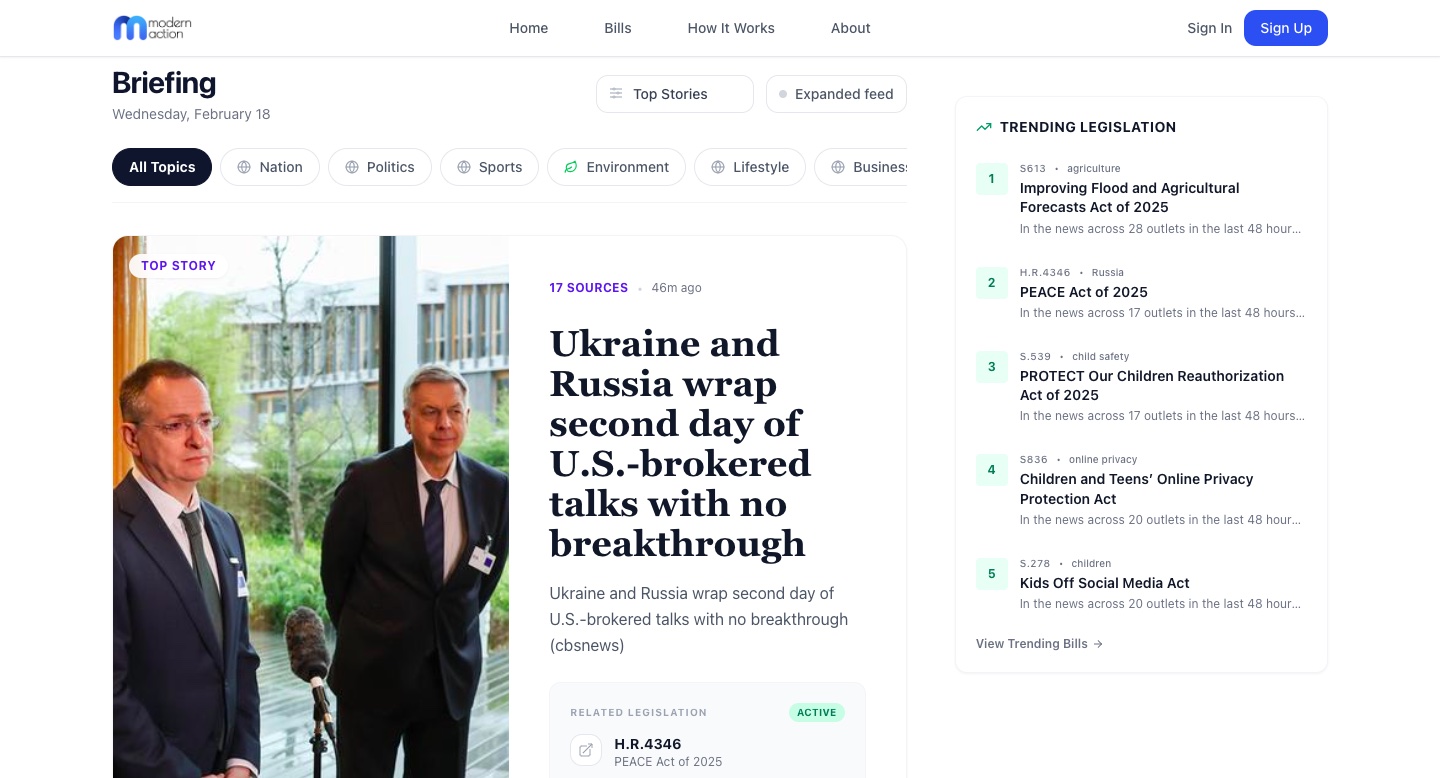 A website shows a recent news article that depicts two men in suits standing at podium during a press event; headline reads "Ukraine and Russia wrap second day of U.S.-brokered talks with no breakthrough."